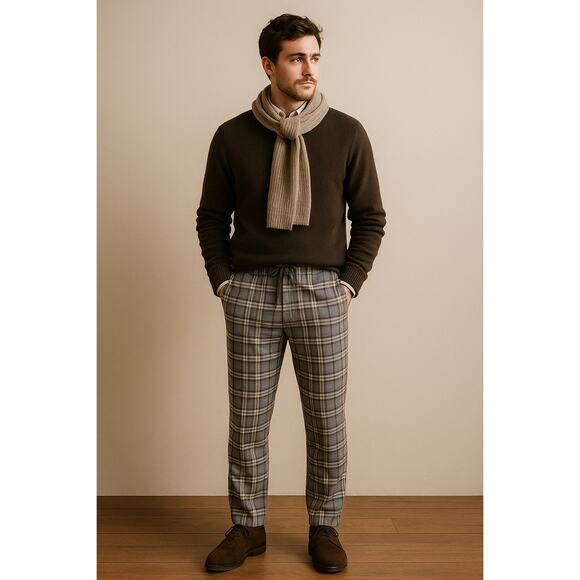 H&M Men’s Plaid Drawstring Trousers Regular Fit Standard Coupe Small Academia - Picture 1 of 6